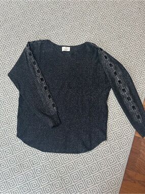 Off-the-Shoulder Knit Sweater with Lace Sleeve Detail - Black